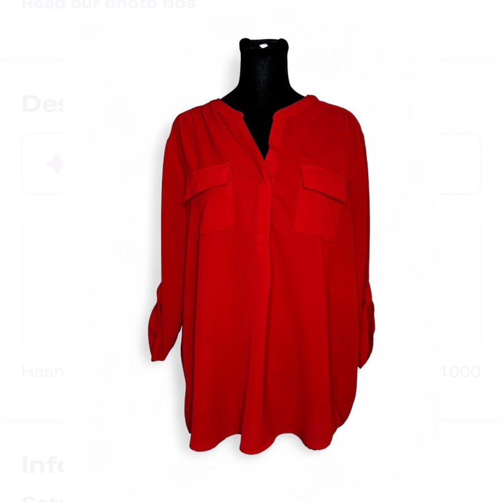 kATHY Red Blouse L, 3/4 Sleeves With Adjustable Strap Front Pockets Back Design
